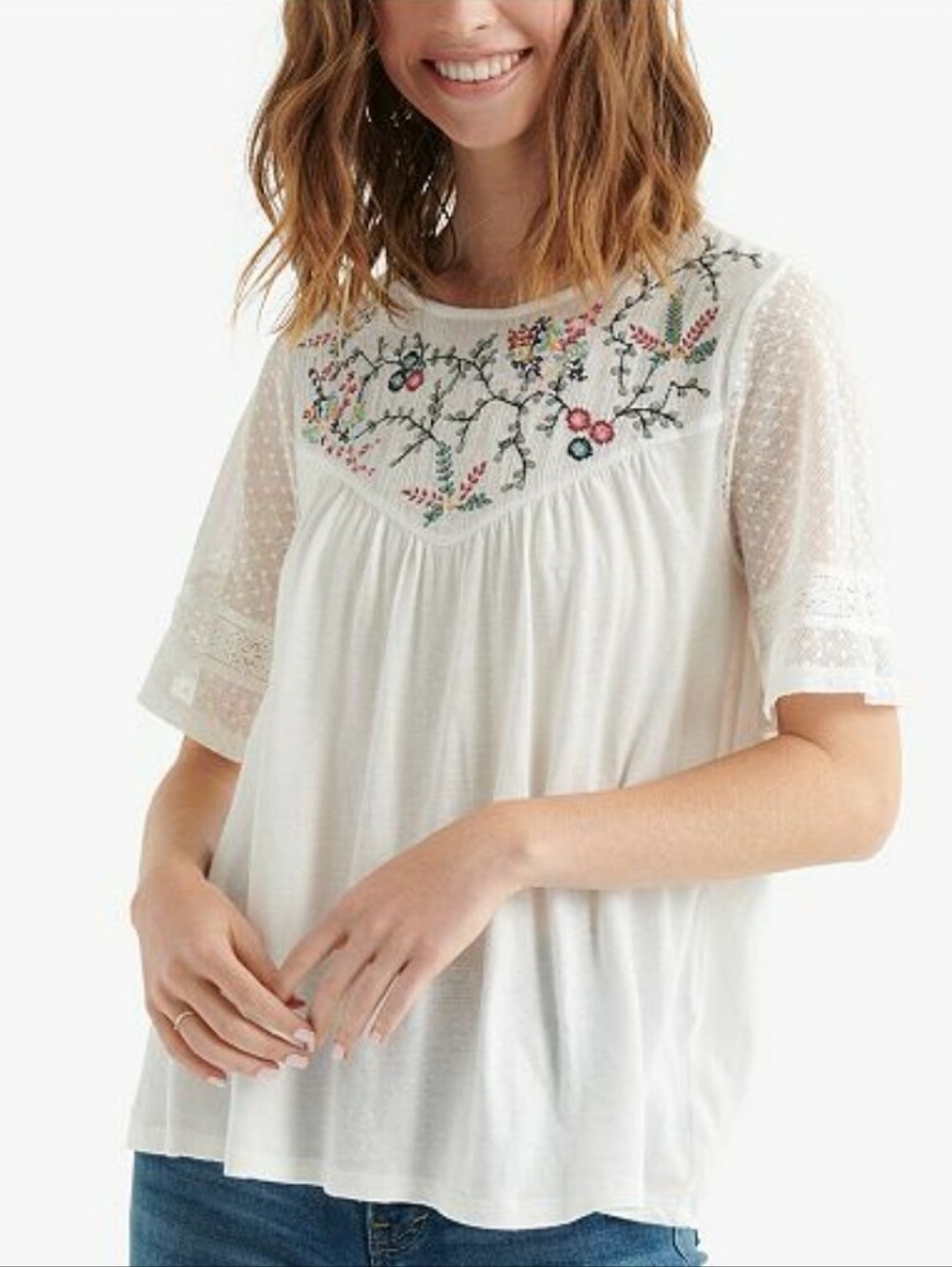 Lucky Brand White Embroidered Floral Peasant Top